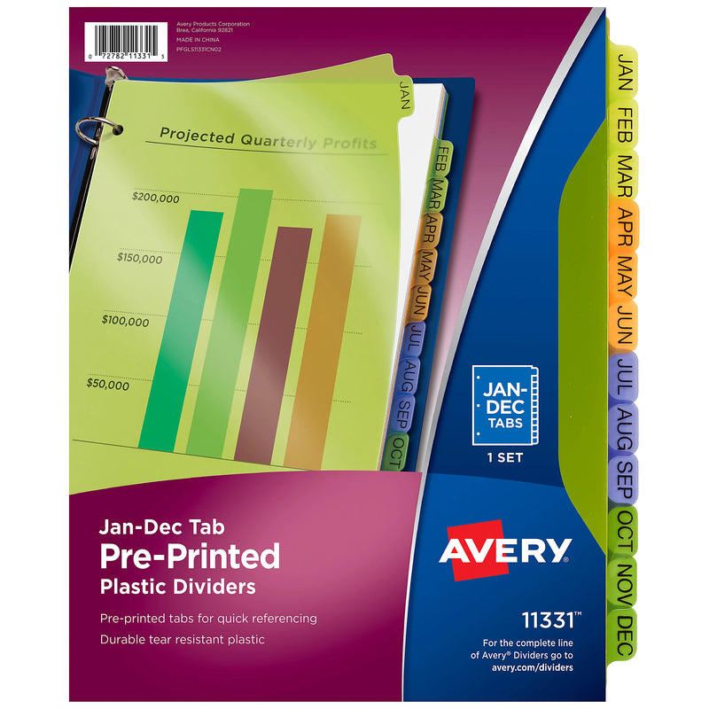 Avery® Preprinted Tab Plastic Dividers, 8 1/2" x 11", Jan-Dec Tabs