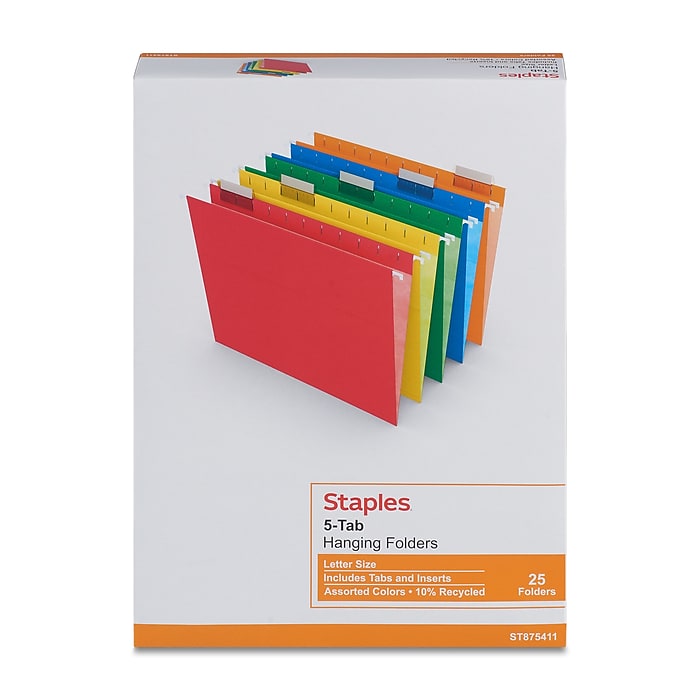 Staples® Heavy Duty Hanging File Folder, 5-Tab, Letter Size, Assorted Colors, 25/Box
