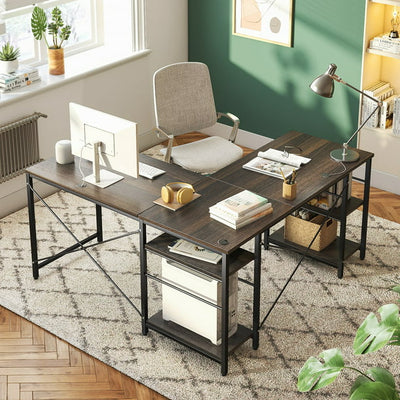 L-Shaped Computer Desk Long Table, 95.5", Brown