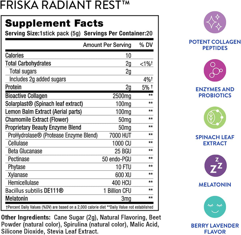 FRISKA Radiant Rest Collagen - 20 Stick Packs; Exp 07/23