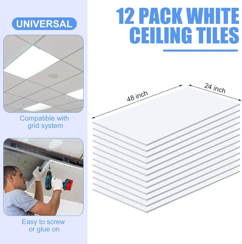12 Pcs White Drop Ceiling Tile Smooth, 4 x 2 ft