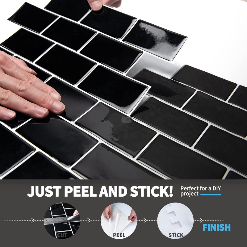 Art3d 12" x 12" Peel and Stick Backsplash Tiles for Kitchen, Shiny Black
