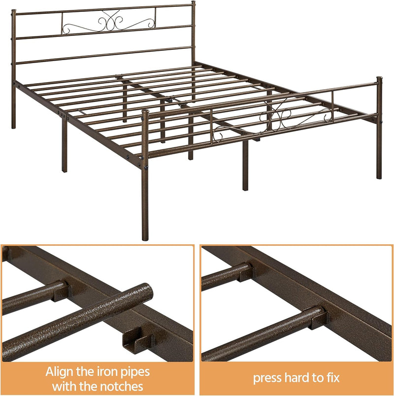 Yaheetech Classic Metal Platform Bed Frame with Headboard, Bronze, Full