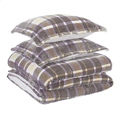 Ultra-Soft Micromink Sherpa 3 Piece Comforter Bed Set, Queen, Taupe Plaid
