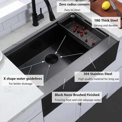 33 Inch Black Farmhouse Sink with Accessories