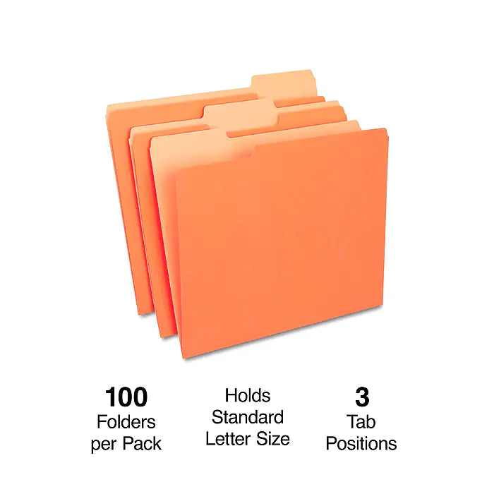 Staples File Folders, 1/3-Cut Tab, Letter Size, Orange, 100/Box