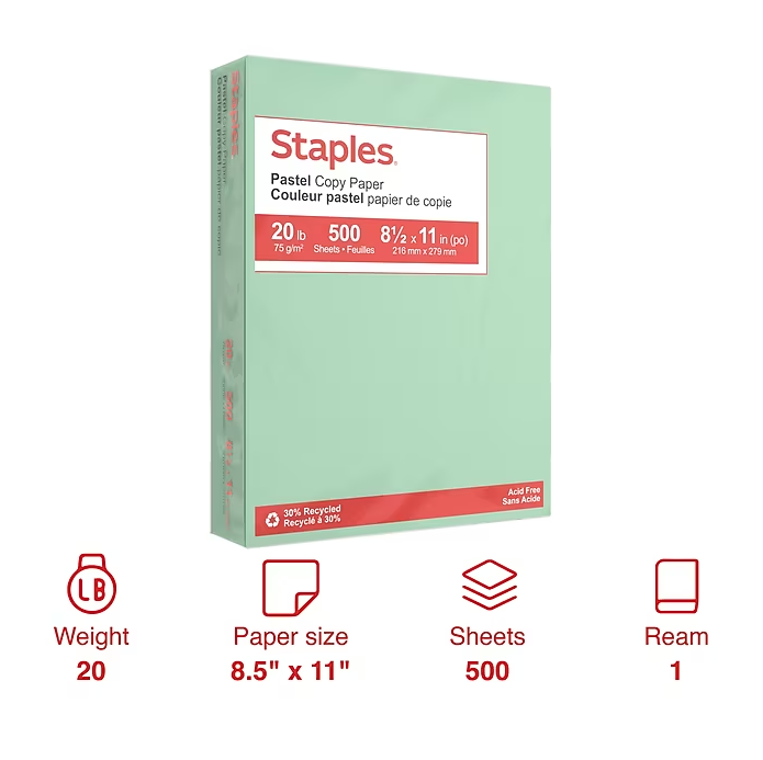 Staples Pastel 30% Recycled Color Copy Paper, 8.5" x 11"