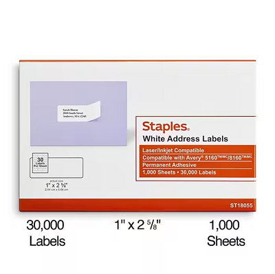 Staples Laser/Inkjet Address Labels, 1" x 2 5/8"