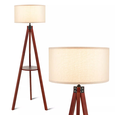 Tangkula Tripod Floor Lamp Wood Standing Lamp w/ Flaxen Lamp Shade and E26 Lamp Base