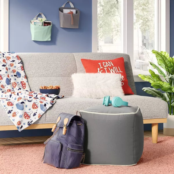 Color Block with Contrast Piping Pouf - Jet Gray/ Ivory
