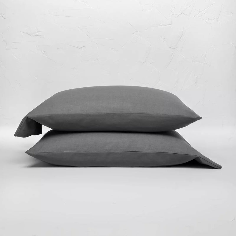 100% Washed Linen Solid Pillowcase Set, Dark Gray, King