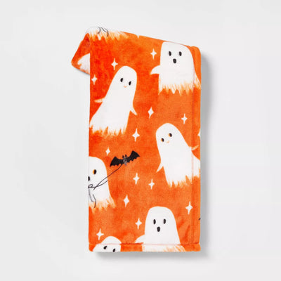 Ghost with Bat Printed Plush Halloween Throw Blanket