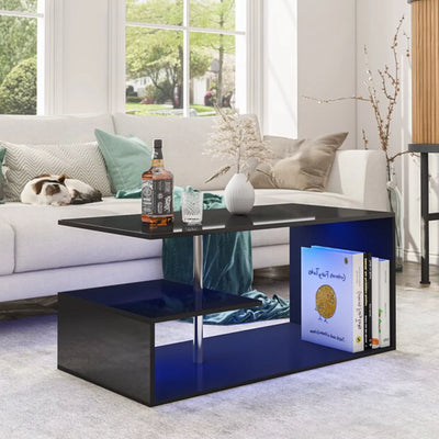 Hommpa High Gloss Coffee Table with Open Shelf LED Lights Smart APP Control Black; Assembled