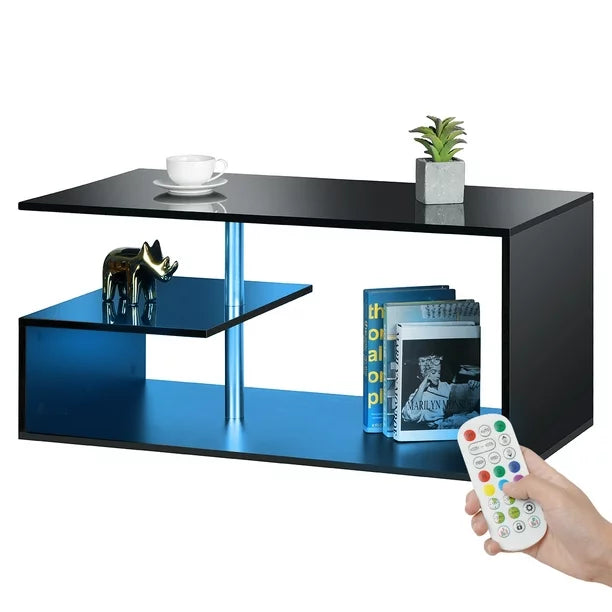 Hommpa High Gloss Coffee Table with Open Shelf LED Lights Smart APP Control Black; Assembled
