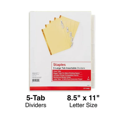 Staples Big Tab Insertable Paper Dividers 5-Tab Clear