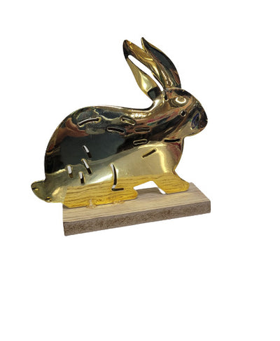 Brass 2 Sided Bunny Rabbit Home Decor Piece W/ Wooden Base 5"