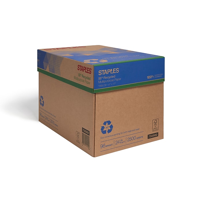 Staples 50% Recycled 11" x 17" Multipurpose Paper, 5 reams/ Case